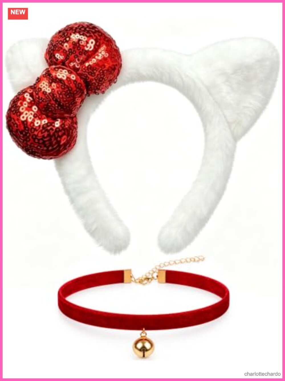 Plush Cat Ears Headband with Red Bow & Bell Choker Set, One Size Costume